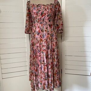 BCBGeneration Pink Floral Puffy Sleeve Dress With Pleated Bottom Size 14